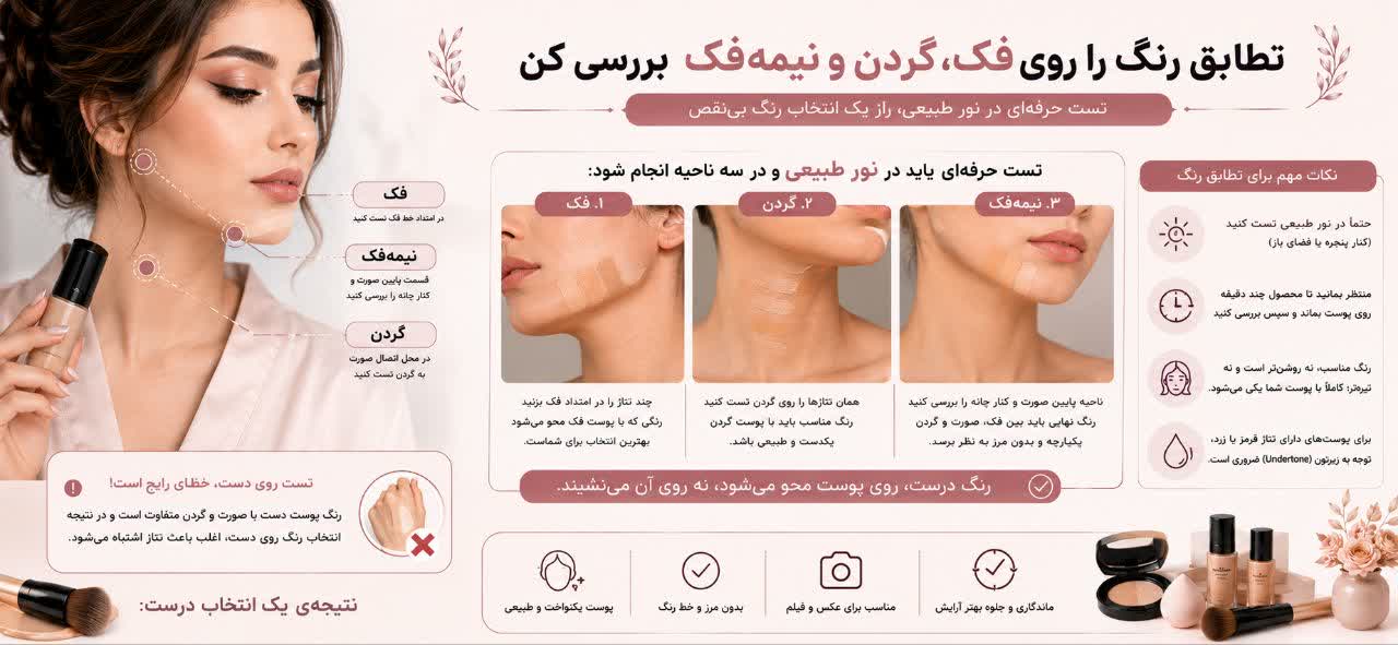 تطابق رنگ را روی فک، گردن و نیمه‌فک بررسی کن